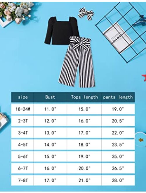 Ribabz Toddler Girl Clothes, Toddler Outfit Square Neck Puff Long Sleeve Top + Striped Pants + Headband 3Pcs Set