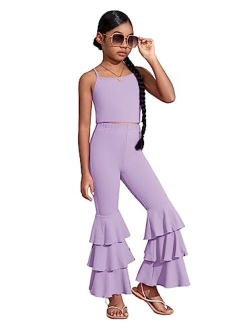 Toddler Girl's 2 Piece Set Sleeveless Cami Top with Ruffle Trim Flare Leg Pants