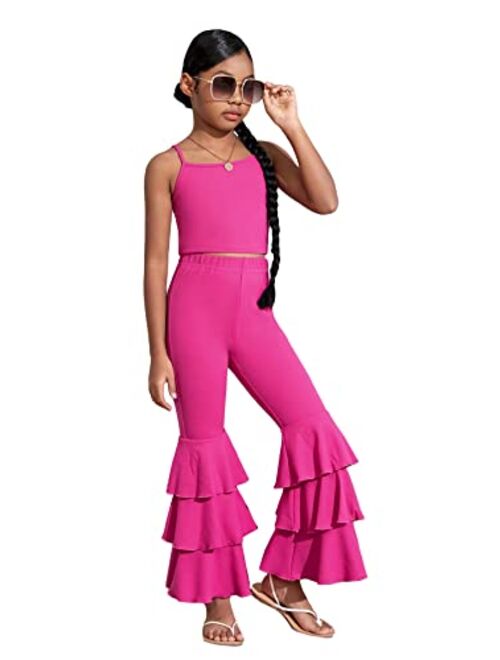 WDIRARA Toddler Girl's 2 Piece Set Sleeveless Cami Top with Ruffle Trim Flare Leg Pants