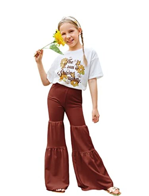 WDIRARA Girl's 2 Piece Floral Print Short Sleeve Tee and Flare Leg Ruffle Hem Pants Set