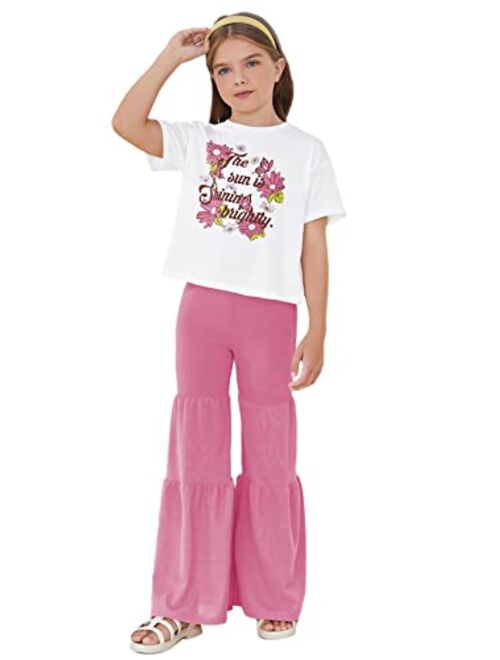 WDIRARA Girl's 2 Piece Floral Print Short Sleeve Tee and Flare Leg Ruffle Hem Pants Set