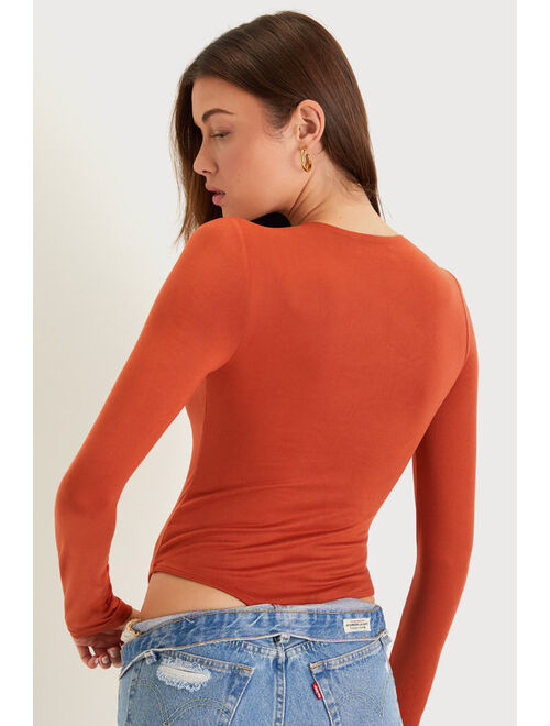 Lulus Easy to Wow Rust Orange Long Sleeve Bodysuit