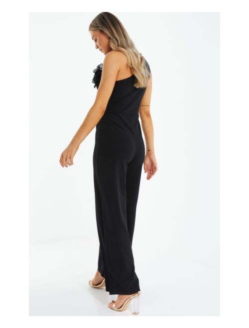 QUIZ Women's Black One Shoulder Organza Detail Jumpsuit