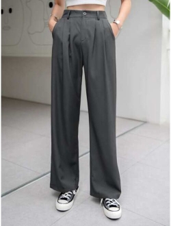 Solid Plicated Straight Leg Suit Pants