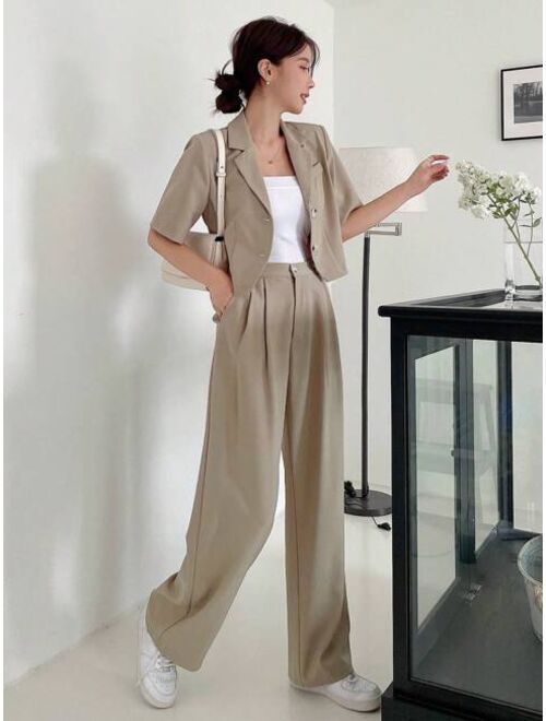 DAZY Solid Lapel Neck Blazer Wide Leg Pants