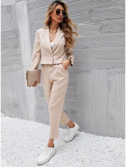 SHEIN Frenchy Solid Single Button Crop Blazer And Slant Pocket Tailored Pants