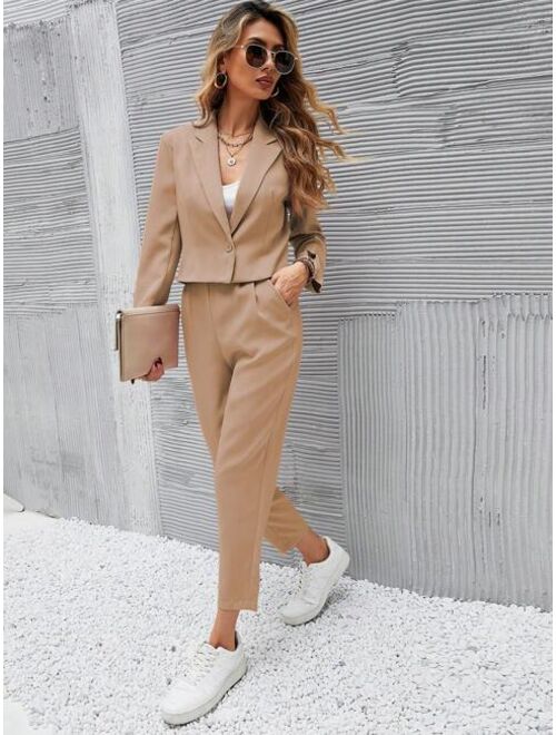 SHEIN Frenchy Solid Single Button Crop Blazer And Slant Pocket Tailored Pants