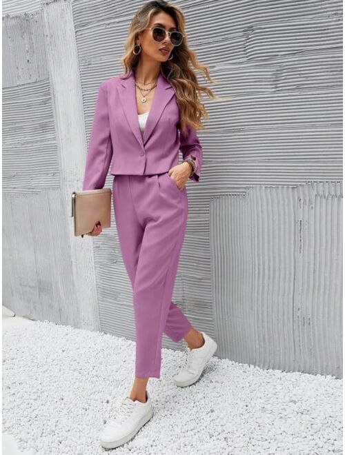 SHEIN Frenchy Solid Single Button Crop Blazer And Slant Pocket Tailored Pants