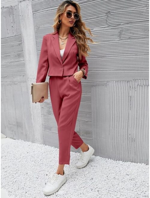 SHEIN Frenchy Solid Single Button Crop Blazer And Slant Pocket Tailored Pants