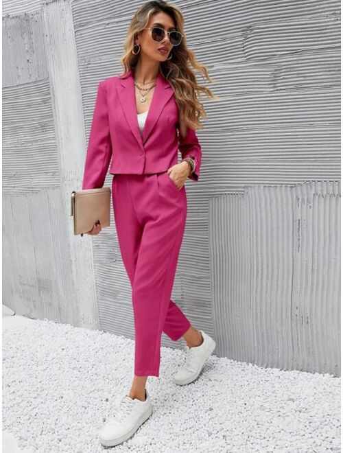 SHEIN Frenchy Solid Single Button Crop Blazer And Slant Pocket Tailored Pants