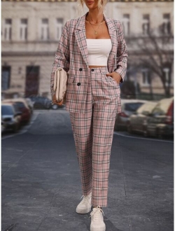 SHEIN LUNE Plaid Print Double Breasted Blazer Pants