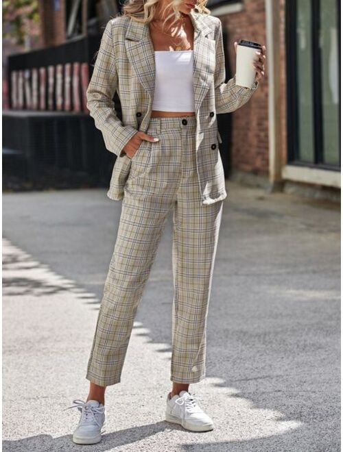 SHEIN LUNE Plaid Print Double Breasted Blazer Pants