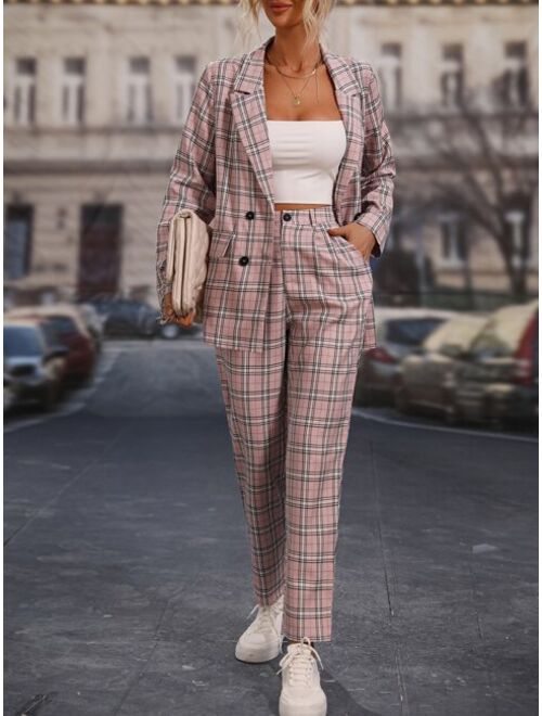 SHEIN LUNE Plaid Print Double Breasted Blazer Pants