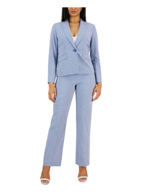 Le Suit Gingham Single-Button Closure Blazer and Straight Leg Mid-Rise Pantsuit, Regular and Petite Sizes