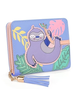 UTO Wallet for Girls Cute Sloth Leather Vegan Small Women Tassel Pendant Card Holder Kawaii Coin Purse