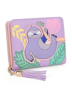 UTO Wallet for Girls Cute Sloth Leather Vegan Small Women Tassel Pendant Card Holder Kawaii Coin Purse