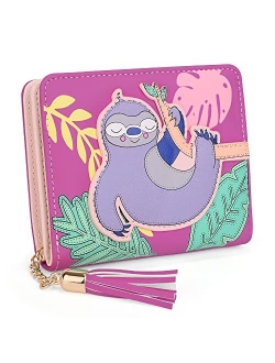 UTO Wallet for Girls Cute Sloth Leather Vegan Small Women Tassel Pendant Card Holder Kawaii Coin Purse