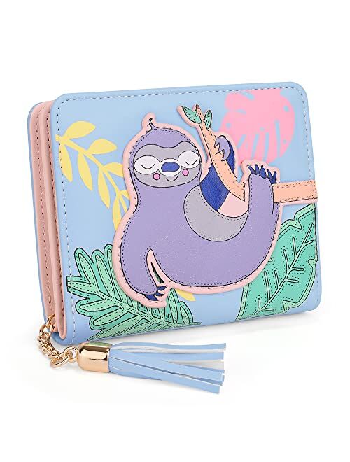 UTO Wallet for Girls Cute Sloth Leather Vegan Small Women Tassel Pendant Card Holder Kawaii Coin Purse