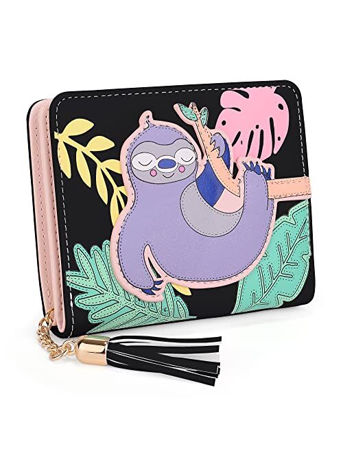 UTO Wallet for Girls Cute Sloth Leather Vegan Small Women Tassel Pendant Card Holder Kawaii Coin Purse