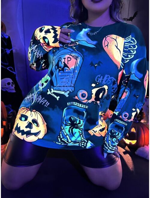 SHEIN ICON Plus Reflective Halloween Print Drop Shoulder Tee