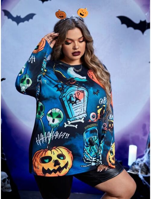 SHEIN ICON Plus Reflective Halloween Print Drop Shoulder Tee