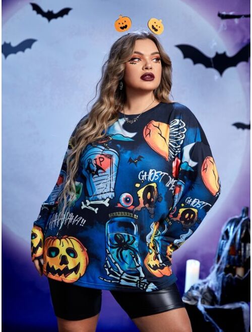 SHEIN ICON Plus Reflective Halloween Print Drop Shoulder Tee