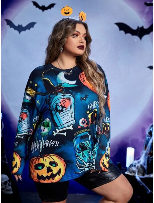 SHEIN ICON Plus Reflective Halloween Print Drop Shoulder Tee