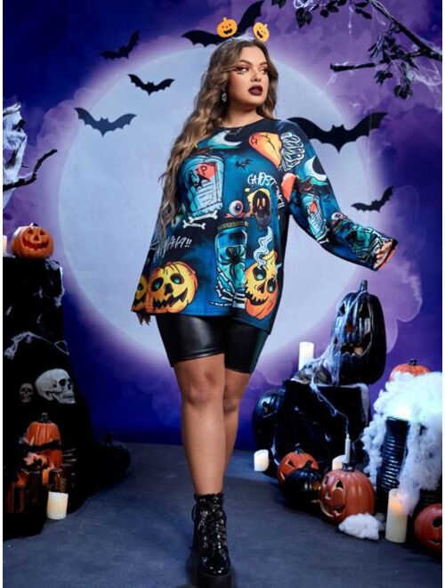 SHEIN ICON Plus Reflective Halloween Print Drop Shoulder Tee