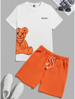 Manfinity Hypemode Men Cotton Bear Letter Graphic Tee Drawstring Waist Shorts