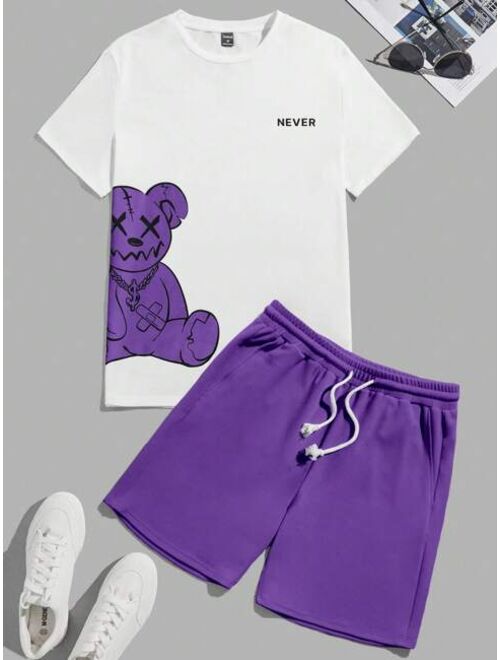 Manfinity Hypemode Men Cotton Bear Letter Graphic Tee Drawstring Waist Shorts