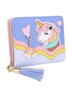 UTO Wallet for Girls Cute Unicorn Leather Vegan Small Women Tassel Rainbow Pendant Card Holder Kawaii Coin Purse