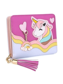 UTO Wallet for Girls Cute Unicorn Leather Vegan Small Women Tassel Rainbow Pendant Card Holder Kawaii Coin Purse