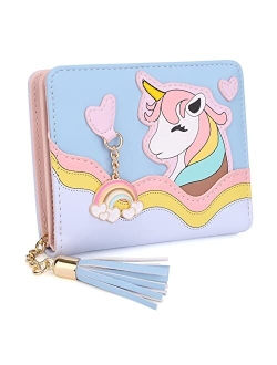 UTO Wallet for Girls Cute Unicorn Leather Vegan Small Women Tassel Rainbow Pendant Card Holder Kawaii Coin Purse