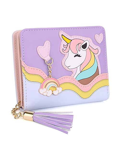 UTO Wallet for Girls Cute Unicorn Leather Vegan Small Women Tassel Rainbow Pendant Card Holder Kawaii Coin Purse