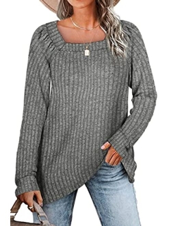 WIHOLL Sweaters for Women Long Sleeve V Neck Solid Color Fashion Tops