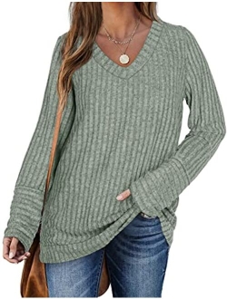 WIHOLL Sweaters for Women Long Sleeve V Neck Solid Color Fashion Tops