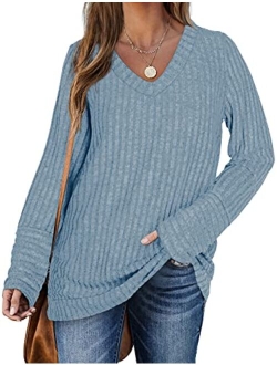 WIHOLL Sweaters for Women Long Sleeve V Neck Solid Color Fashion Tops