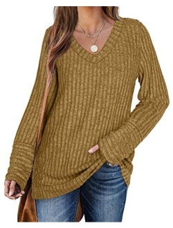 WIHOLL Sweaters for Women Long Sleeve V Neck Solid Color Fashion Tops