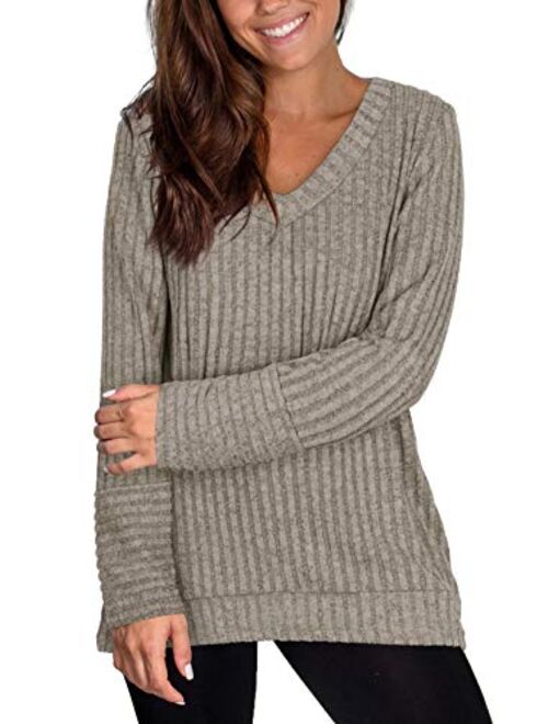 WIHOLL Sweaters for Women Long Sleeve V Neck Solid Color Fashion Tops