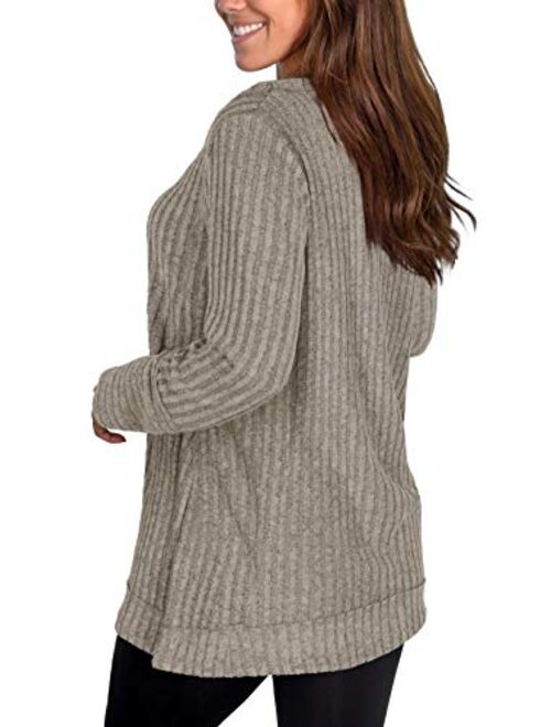 WIHOLL Sweaters for Women Long Sleeve V Neck Solid Color Fashion Tops