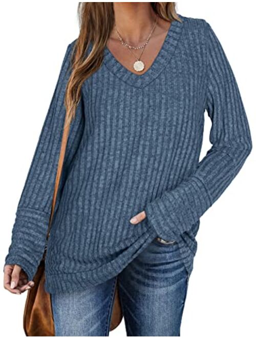 WIHOLL Sweaters for Women Long Sleeve V Neck Solid Color Fashion Tops