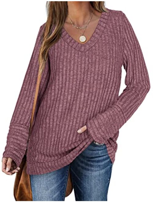 WIHOLL Sweaters for Women Long Sleeve V Neck Solid Color Fashion Tops