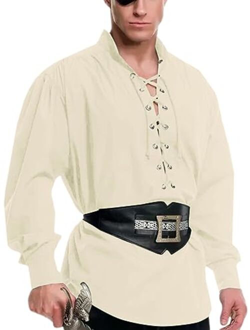 Runcati Mens Medieval Pirate Shirt Viking Renaissance Steampunk Halloween Colonial Scottish Lace Up Costume Tops