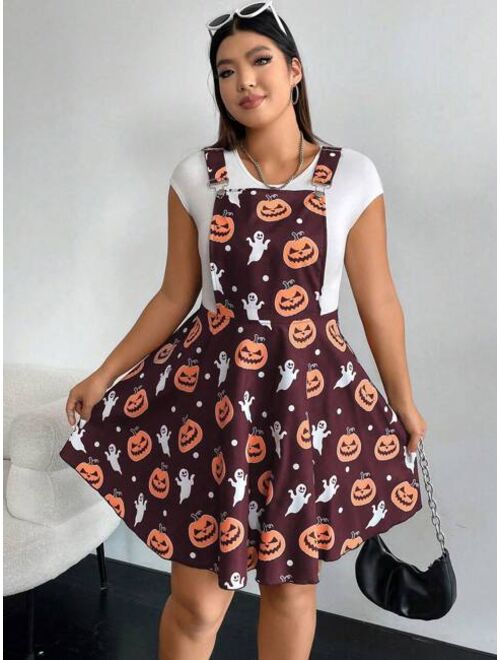 SHEIN Qutie Plus Halloween Print Overall Dress Without Tee