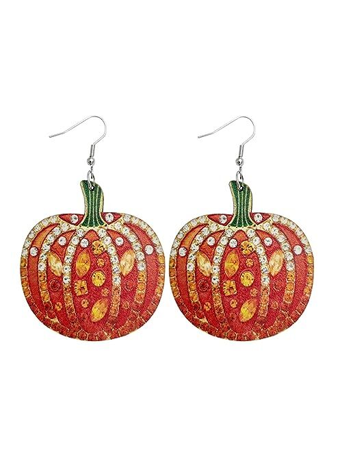 Fuqimanman2020 Halloween Cute Ghost Pumpkin Wooden Resin Acrylic Dangle Earrings Cartoon Ghost Print Halloween Wood Acrylic Earrings for Women Girls Jewelry