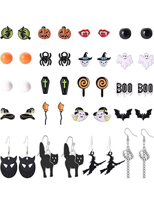 Shecina 20pairs Halloween Earrings Set For Women,Hypoallergenic Multipack Spider Web Pumpkin Cat Skeleton Bat Ghost Witch Boo Cute Stud Earrings For Girls