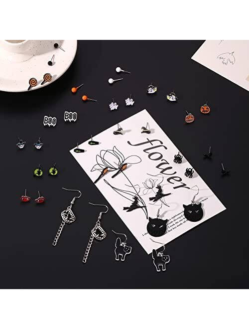 Shecina 20pairs Halloween Earrings Set For Women,Hypoallergenic Multipack Spider Web Pumpkin Cat Skeleton Bat Ghost Witch Boo Cute Stud Earrings For Girls