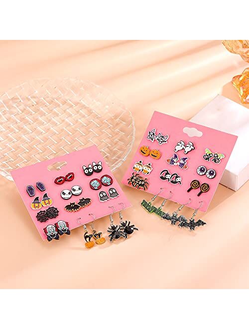 Aganippe 24 Pairs Halloween Earrings for Women Girls Stud Earring Sets Bat Cat Witch Ghost Spider Moon Pumpkin Halloween Drop Earrings