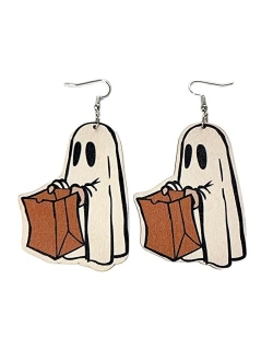 Colorful Bling Cute Cartoon Halloween Theme Earrings Ghost Pumpkin Wooden Dangle Earrings Creative Jewelry for Halloween Party Exaggeration Accessories