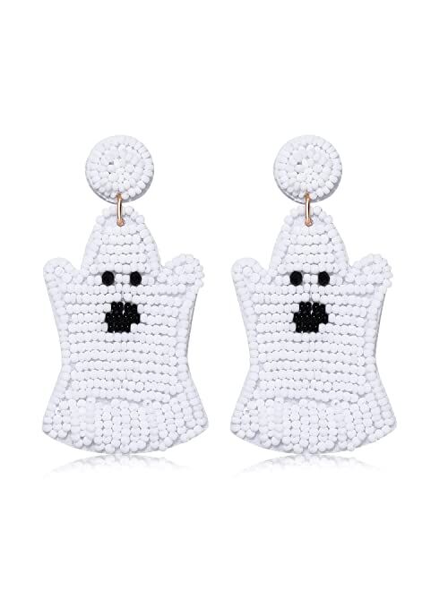 Aratlench Halloween Earrings for Women Cute Pumpkin Ghost Beaded Dangle Earrings Statement Spooky Skull Witch Hat Boo Trick Treat RIP Earrings Fun Halloween Holiday Costu